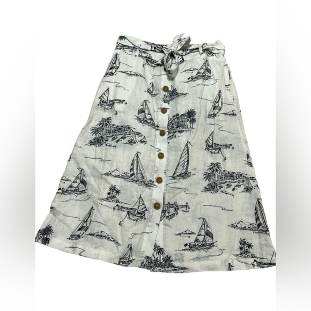 White Nautical Print Button-Front Skirt